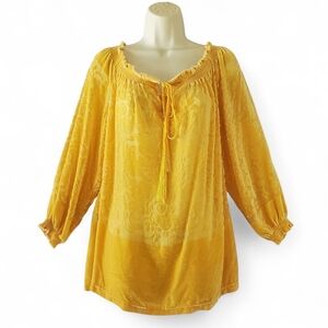 SUNDANCE Gold Floral Velvet/Silk Blend Burnout Ruffle Notch Neck Tunic Women's S